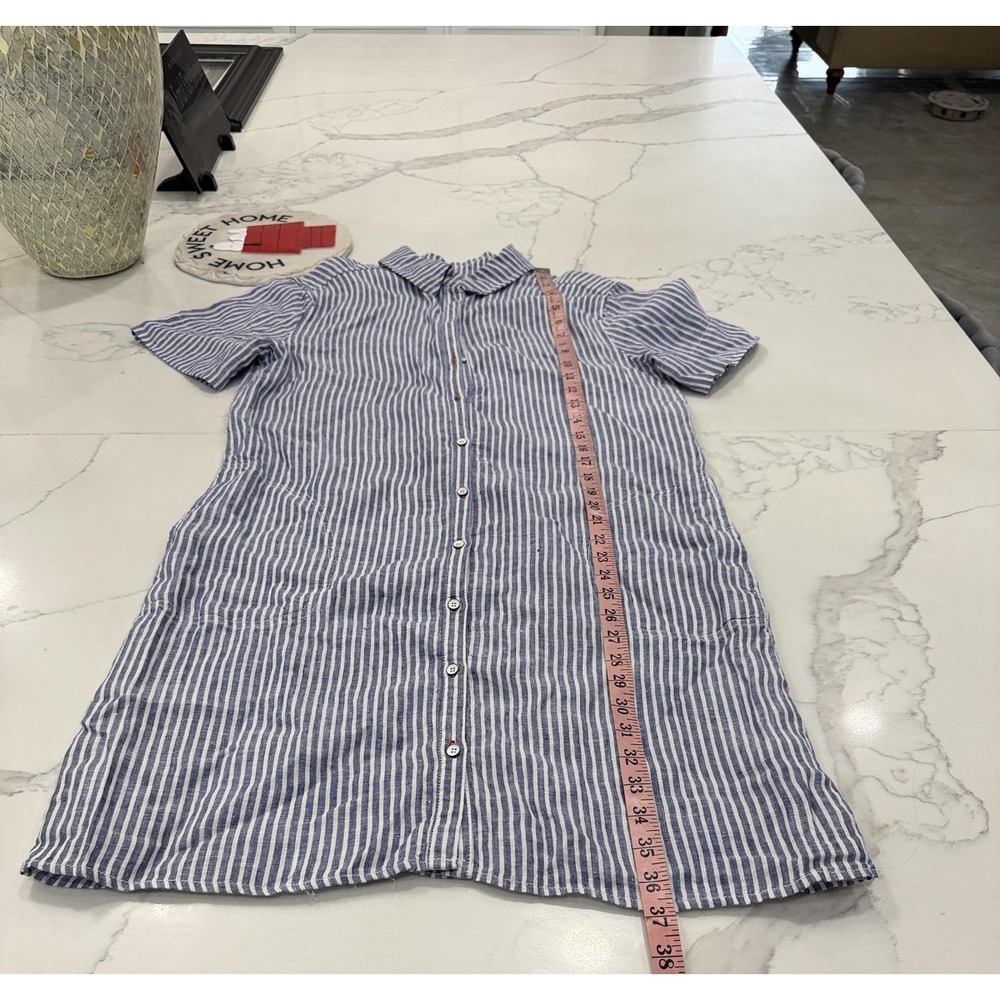 Tahari Dress Womens Medium Blue White Striped Linen Shirt Short Sleeve Casual - Picture 8 of 8